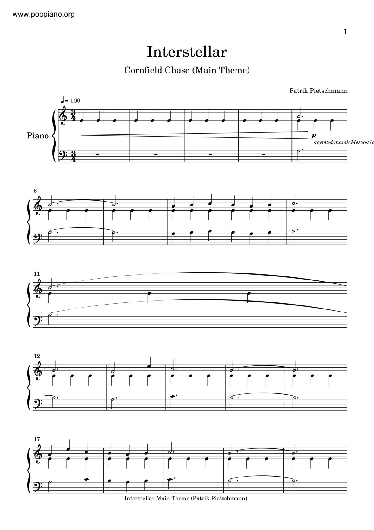 ★Hans Zimmer Interstellar Cornfield Chase ピアノ譜pdf 香港ポップピアノ協会 無料PDF楽譜ダウンロード gakufu
