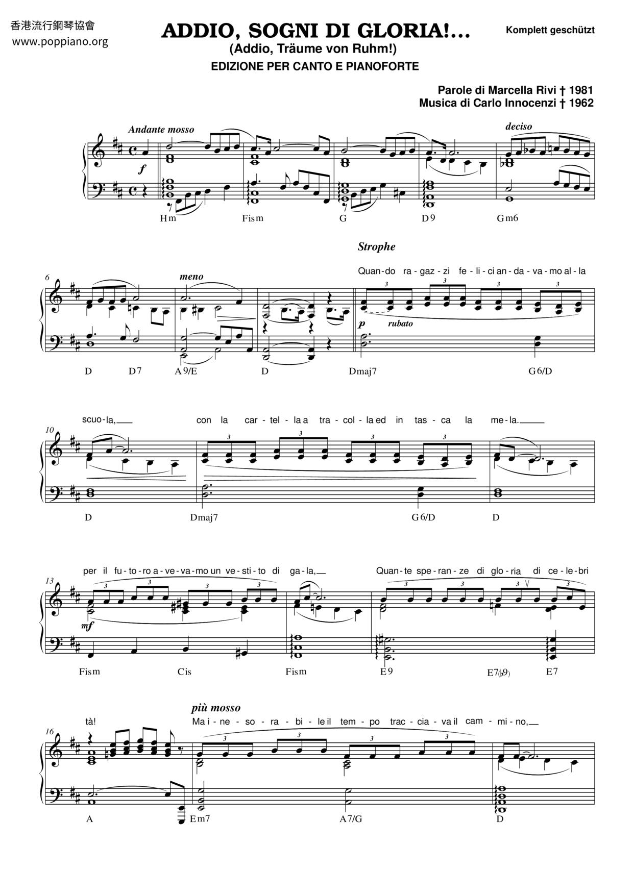 Addio, Sogni Di Gloria! Score