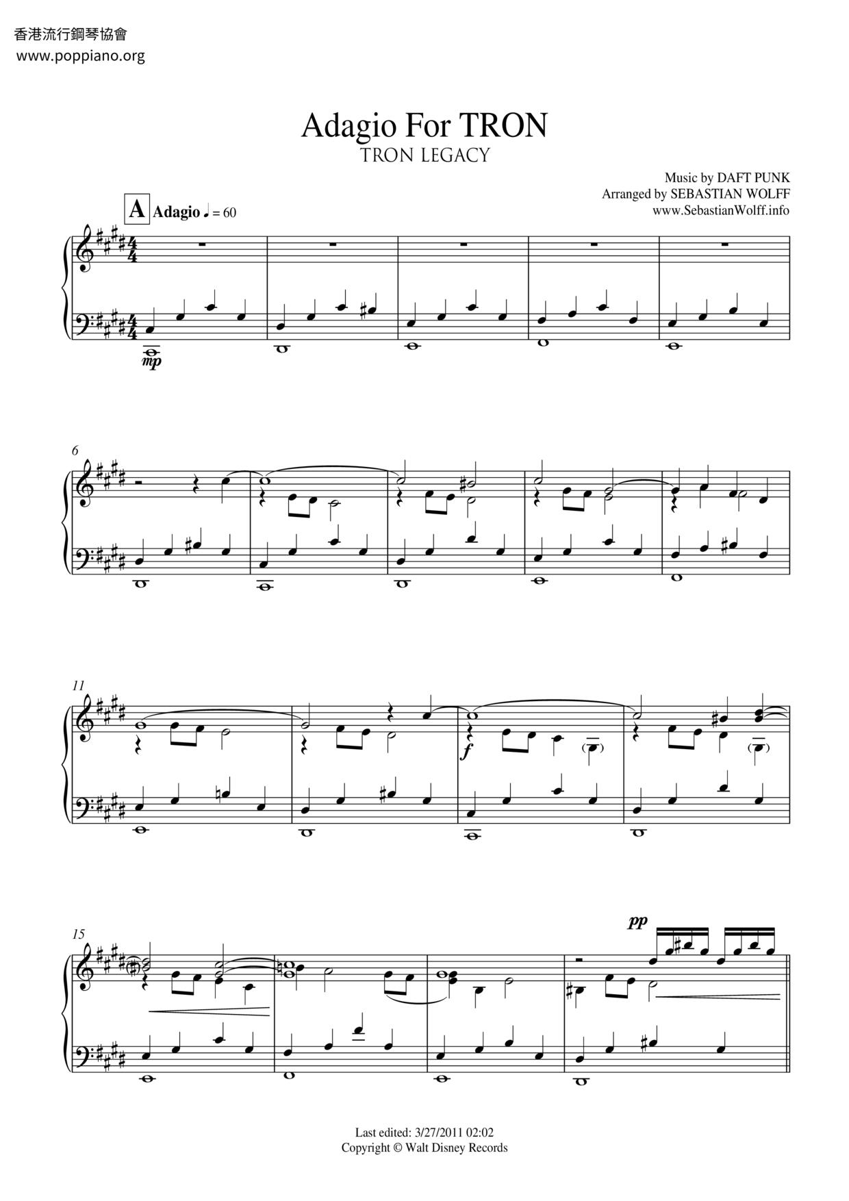 Adagio For TRONピアノ譜