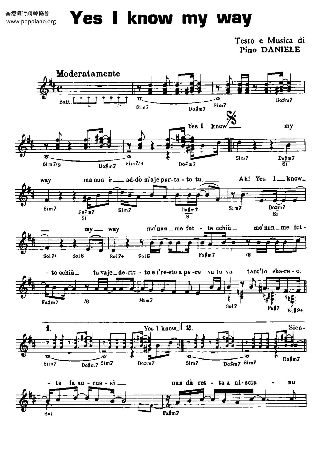 Yes I Know My Way Score