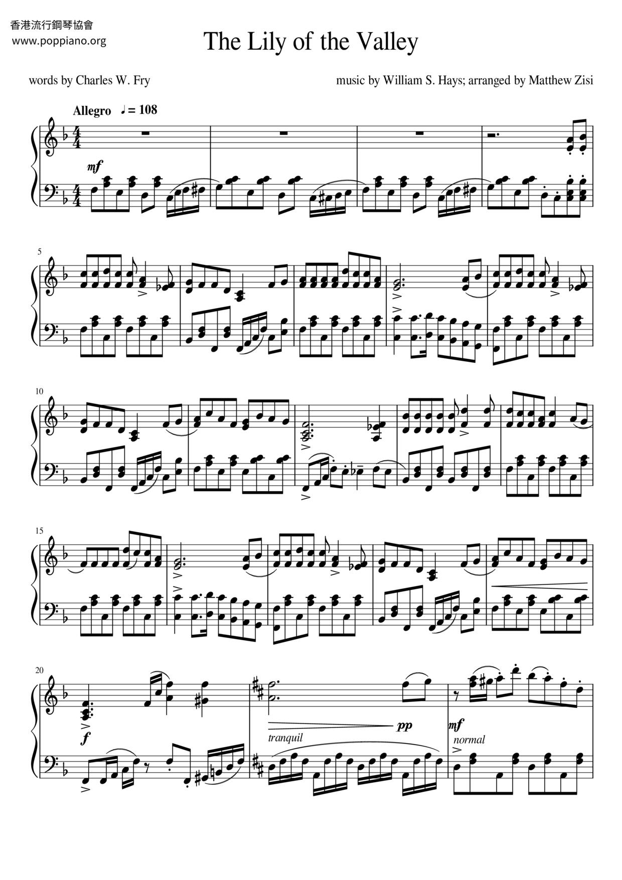 The Lily Of The Valley Score
