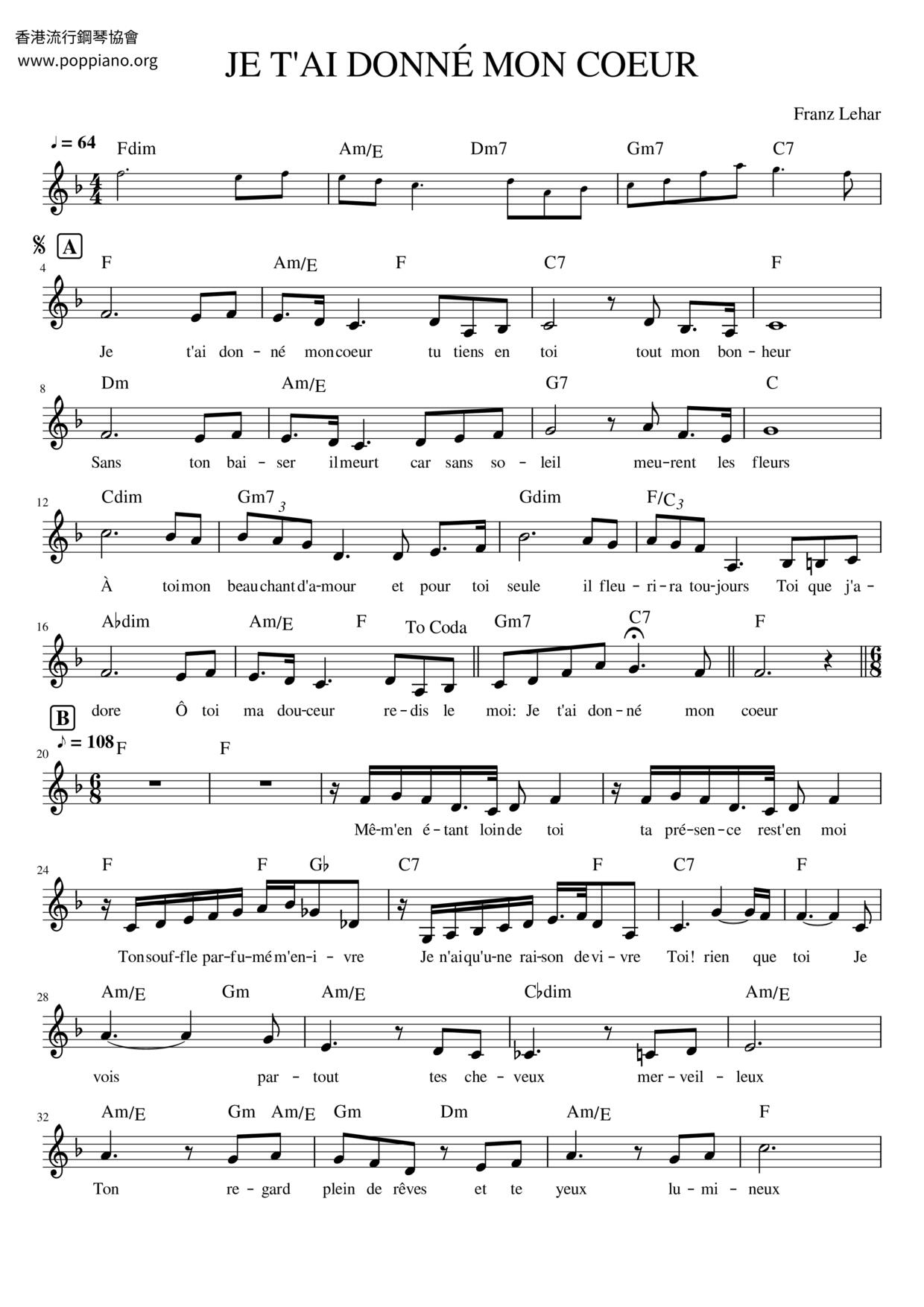 Je T'ai Donné Mon Coeur Score