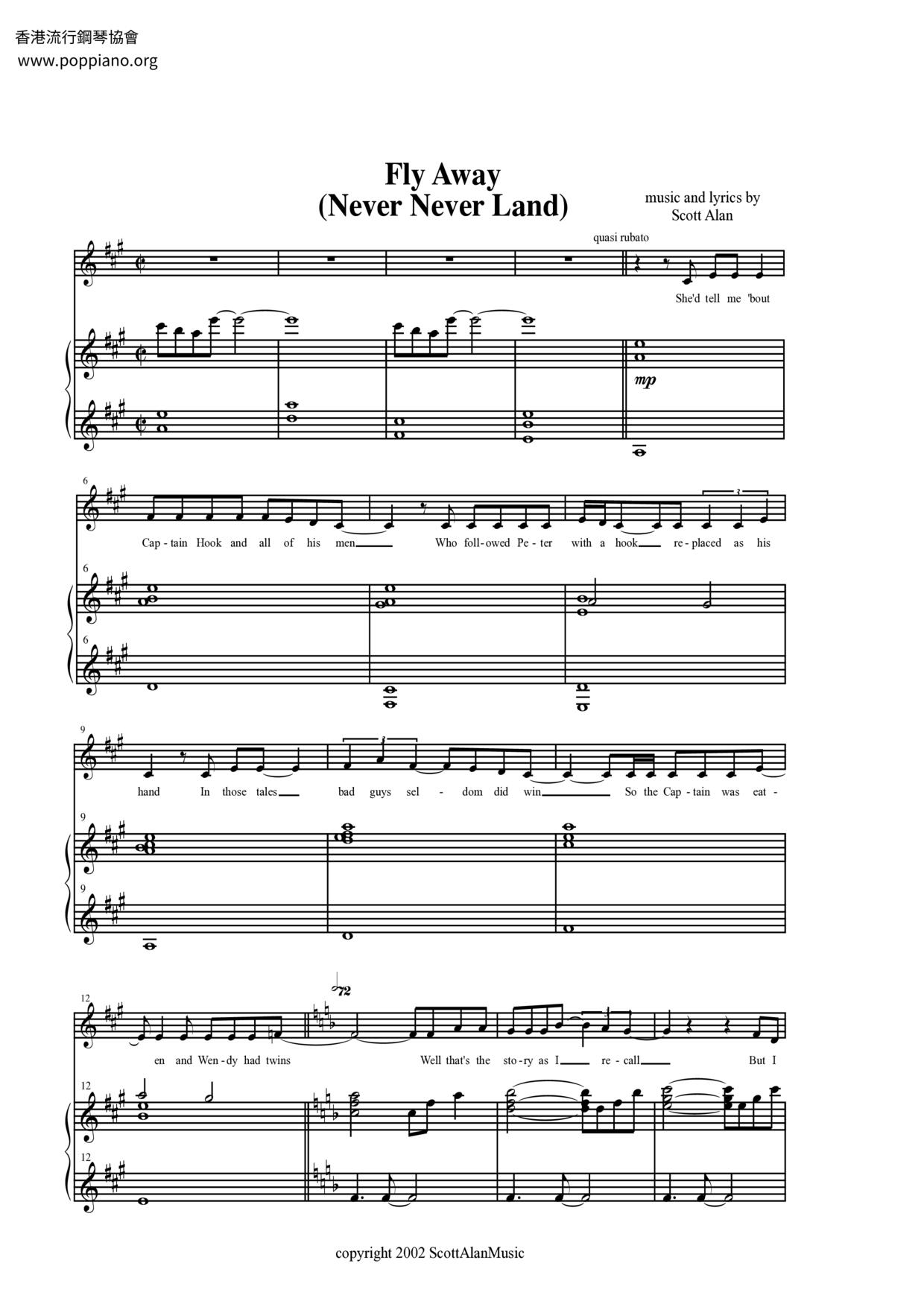 Fly Away (Never Never Land) Score