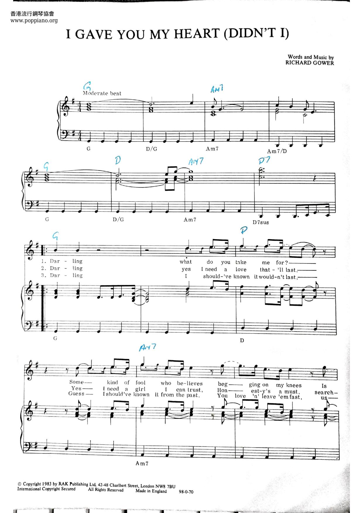 I Gave You My Heart (Didn't I) Score