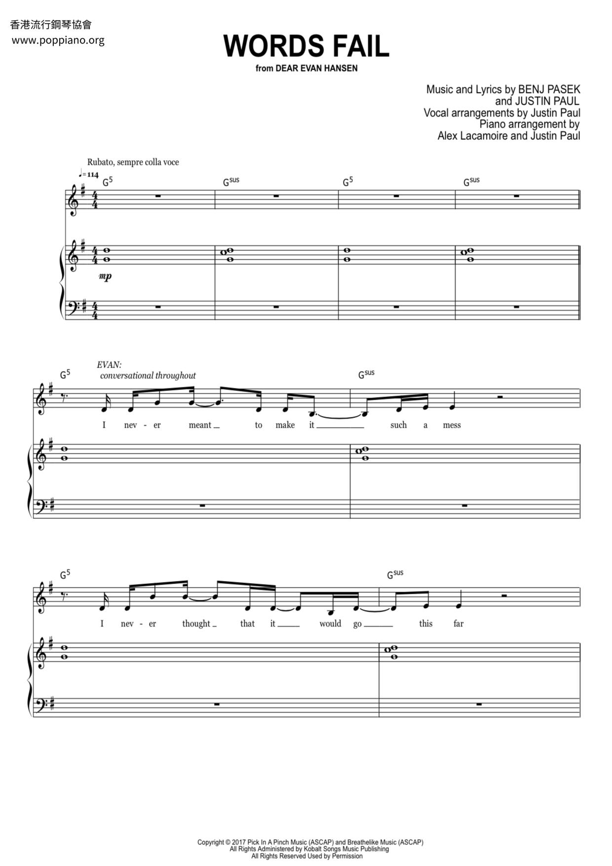 Words Fail (Dear Evan Hansen) Score