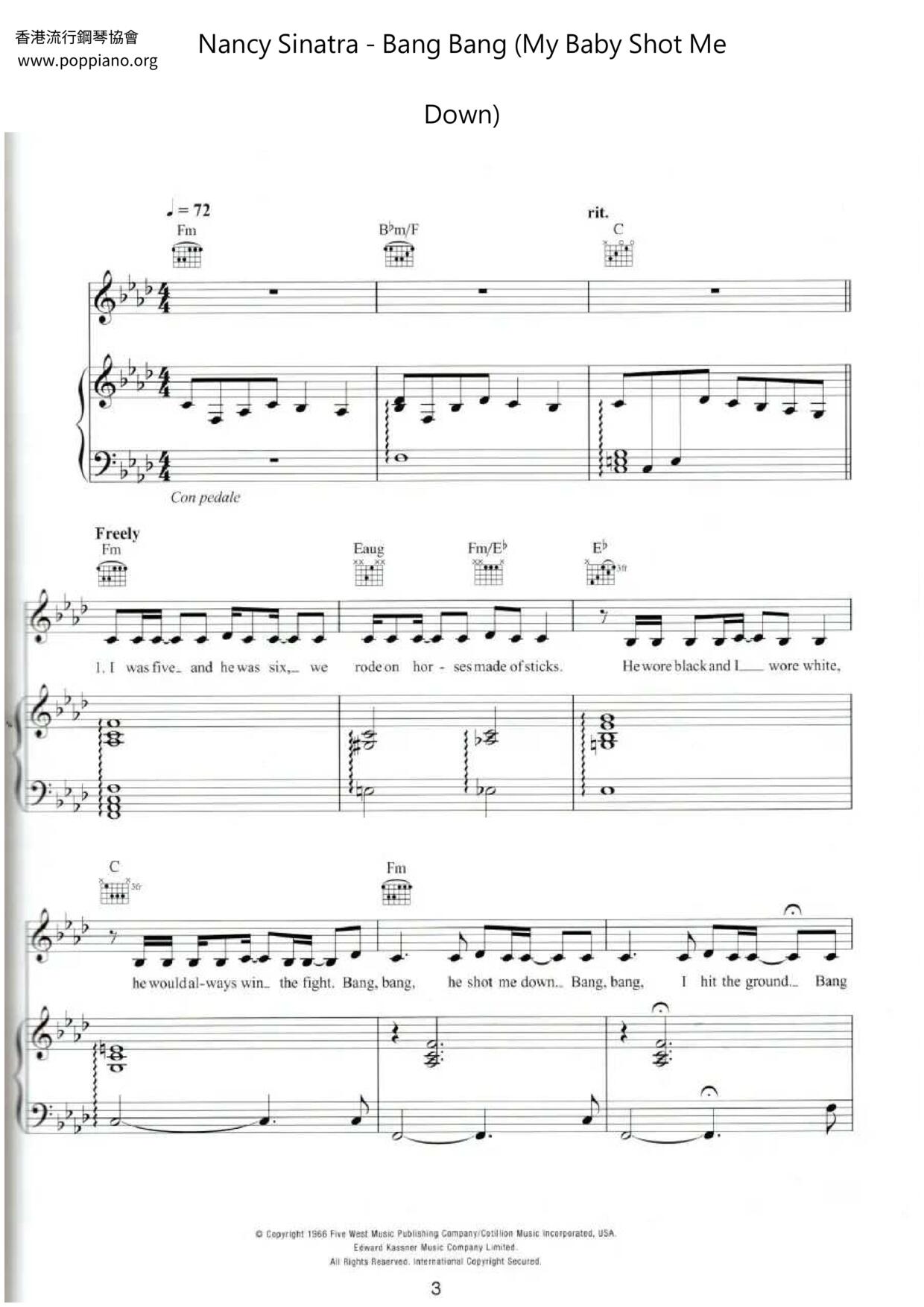 Bang Bang (My Baby Shot Me Down) Score
