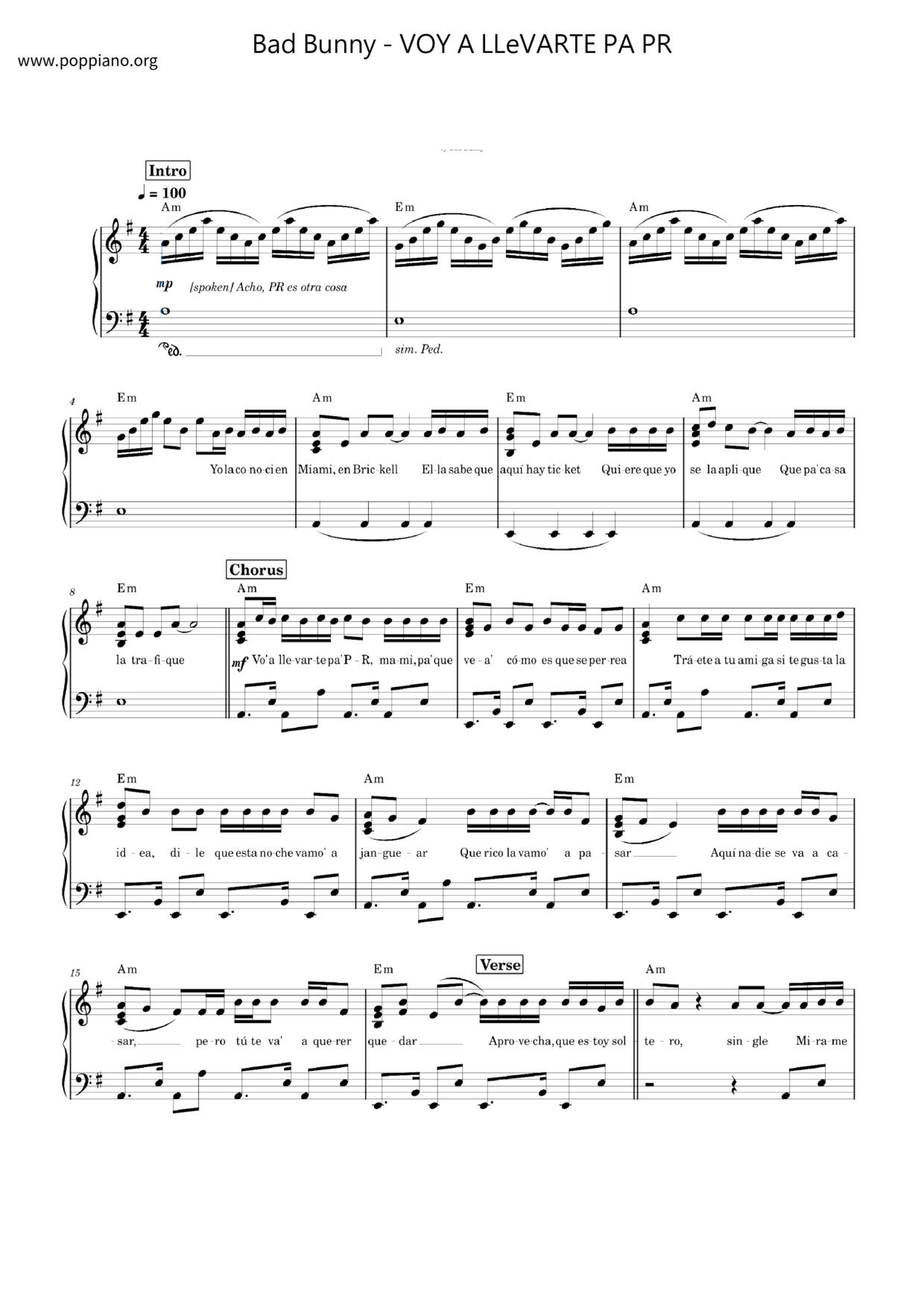VOY A LLeVARTE PA PR琴譜